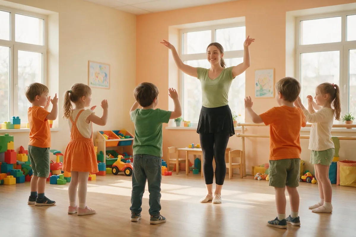 Przedszkolaki tańczące z instruktorką w sali
