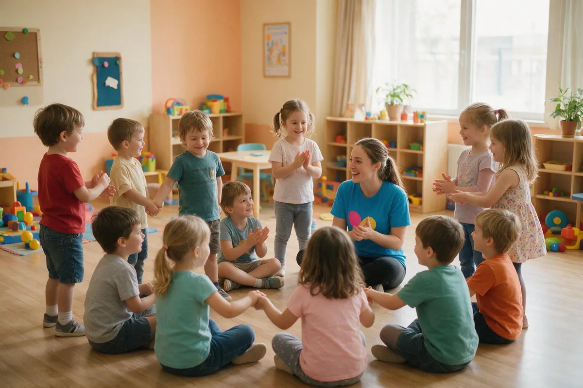 Dzieci w kręgu i instruktorka podczas TUS w Rytmie
